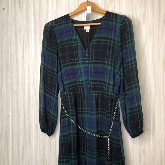 A New Day Long Sleeve Flowly Dress Size Medium Tartan Plaid Pattern Chain Belt - Picture 1 of 10